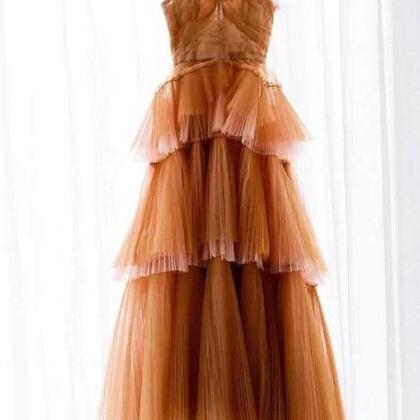 Tulle with Lace Appliqued Long Dresses Orange