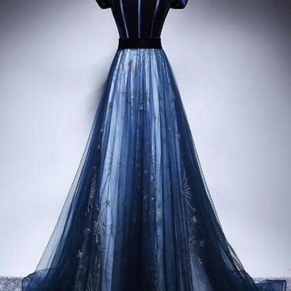 Elegant Off The Shoulder Dark Blue Velvet Tulle..