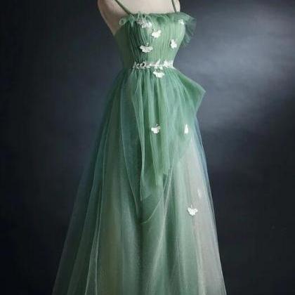 Green Spaghetti Straps A-Line Elegant Long Party Gown Birthday Dress, DP3488