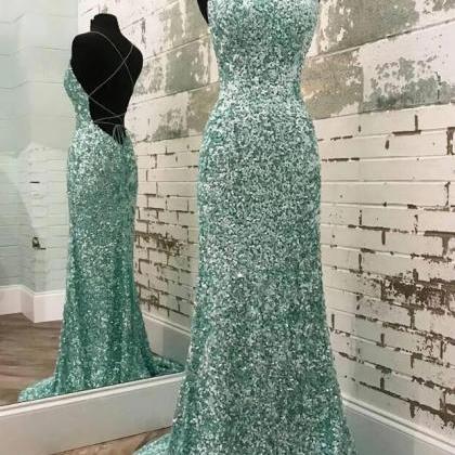 Mint Green Sequins Long Prom Dresses