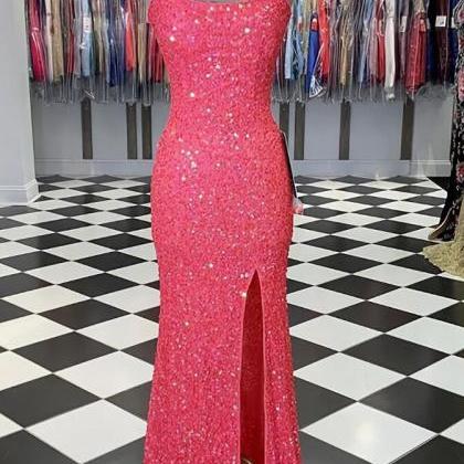 Spaghetti Straps Coral Pink Sequin Prom Dress With..