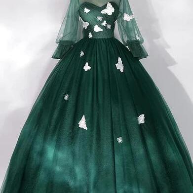 Sweet Ball Gown Dark Green Long Sleeves Prom..