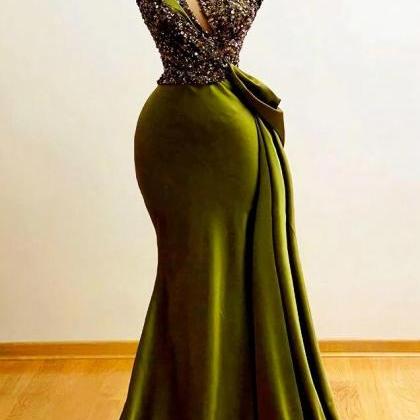 Vintage Green Stain Prom Dresses Sequin Evening..