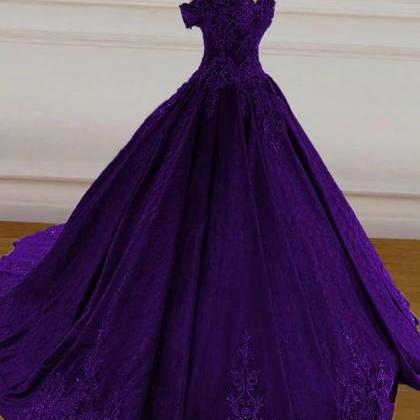 Off The Shoulder Purple Lace Ball Gown Prom..
