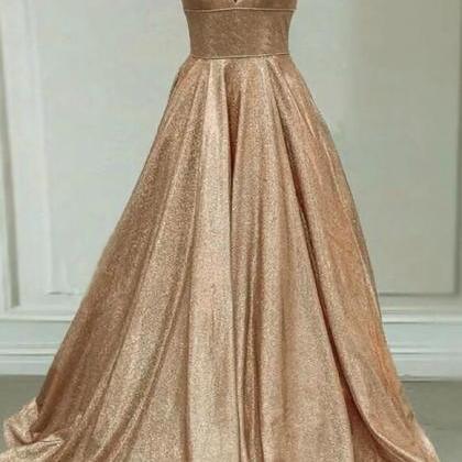 Sparkly Champagne Gold Ball Gown V Neck Prom Dress..