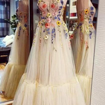 A-Line Tulle Floor Length Formal Prom Dress, Spaghetti Strap Evening Party Dress main image 0