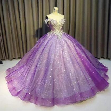 Off The Shoulder Ball Gown Bling Bling Purple Prom..