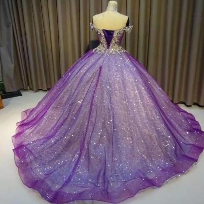 Off The Shoulder Ball Gown Bling Bling Purple Prom..
