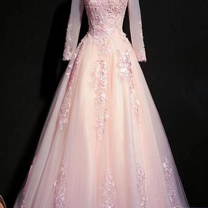 Pink Tulle Beaded Long Lace Applique Formal Prom Dress, Evening Dress, With Sleeve main image 1