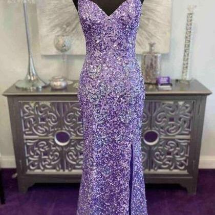 Glitter Lavender Sequins Long Formal Prom Dress..