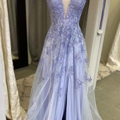 A Line V Neck Beadings Tulle Prom Dress with Slit LBQ4268