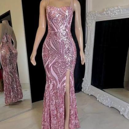 Spaghetti Strap Pink Sequin Applique Prom Dresses
