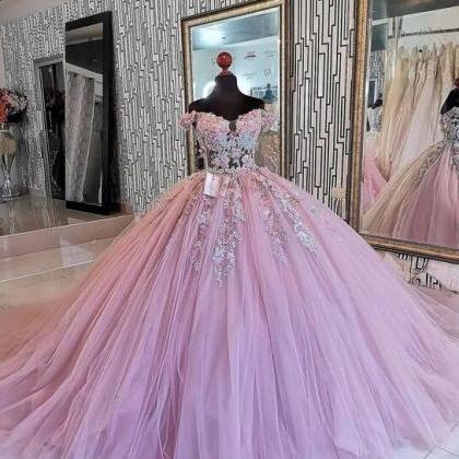 Off Shoulder Puffy Pink Lace Prom Dresses