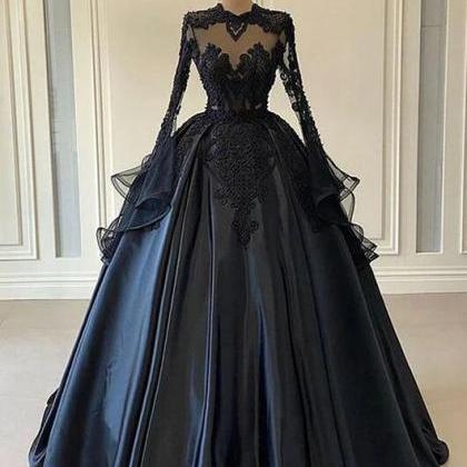 Vintage Ball Gown Black Long Sleeves Lace Prom..