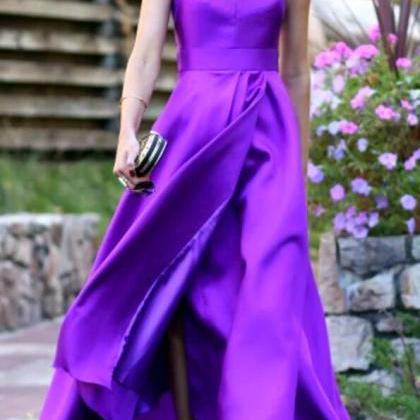 Spaghetti Straps Purple Satin Prom Dress
