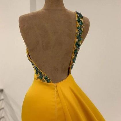One Shoulder Yellow Slit Prom Dress With Beads