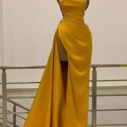 Sexy One Shoulder Yellow Long Prom Dress With..