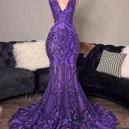 Halter Purple Sequin Prom Dresses, Mermaid Prom..