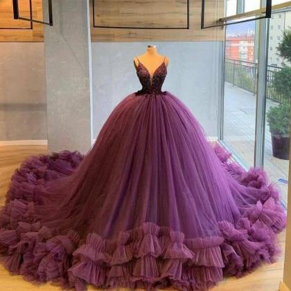 Mermaid Purple Puffy Prom Dresses With Beading