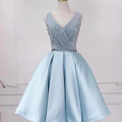 A Line Deep V Neck Blue Striped Tulle Prom Dress with Sequins LBQ0372 main image 1