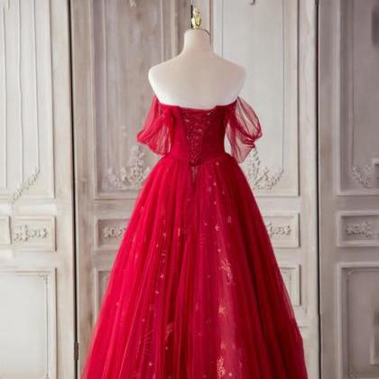 A Line Red Tulle Long Prom Dress Red Evening Dress
