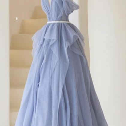 A Line Blue Tulle Long Prom Dress Blue Evening..