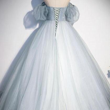 Pretty A Line Short Puffy Sleeves Pink Tulle Beads Long Prom Dresses C1494