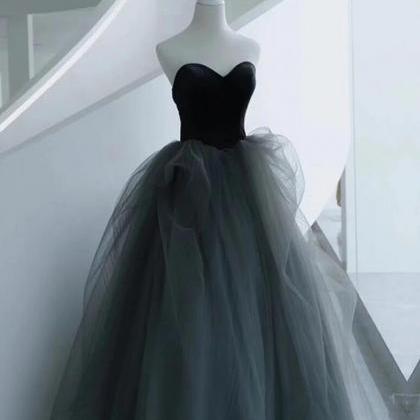 A Line Black And Gray Tulle Long Prom Dress A Line..