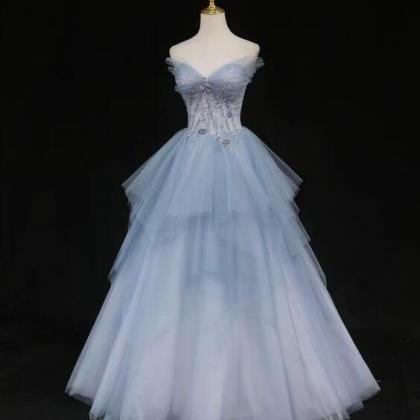 Floor Length Blue Tulle Beads Long Prom Dress