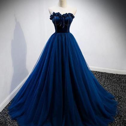 A Line Blue Velvet Tulle Long Prom Dress Evening..