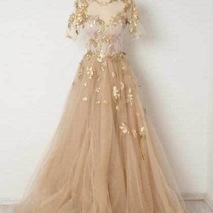 Champagne A Line Tulle Long Prom Dress