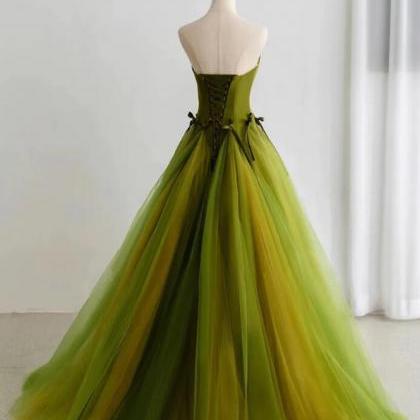 Lovely Avocado Green Satin A Line Tulle Prom..