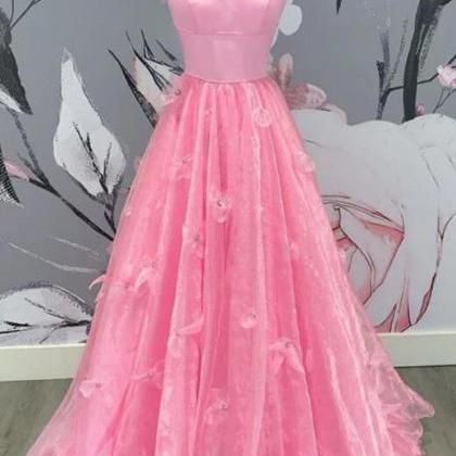 Stylish A Line Pink Color Appliques Long Prom..