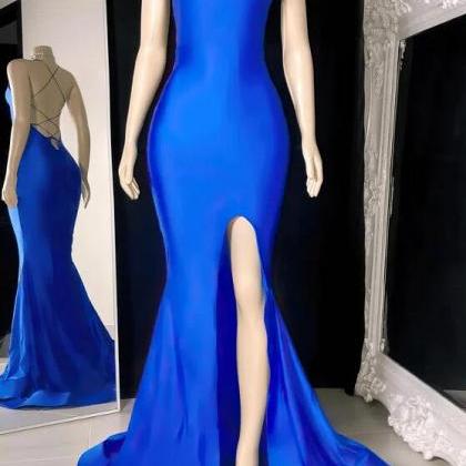 Royal Blue V-neck Jersey Sweep Train Prom Dresses..