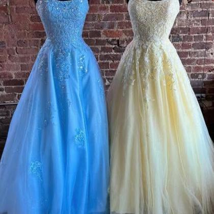 Ball-Gown/Princess Scoop Illusion Floor-Length Tulle Lace Prom Dresses main image 0