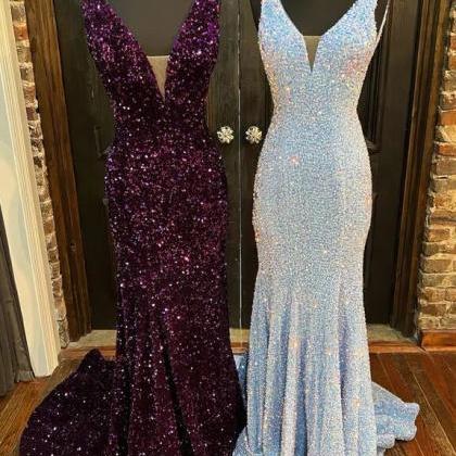 Mermaid Sheath V-neck Purple Sequins Prom Dresses