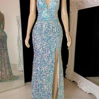 Sheath V Neck Lilac Sequins Long Prom Dress with Split Front