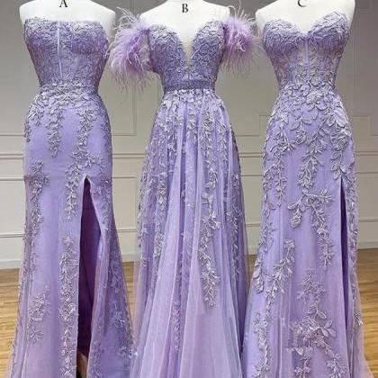 A Line Purple Tulle Lace Long Prom Dresses