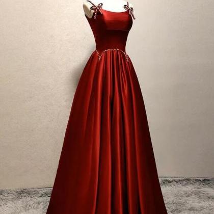 A-line Satin Burgundy Long Prom Dresses