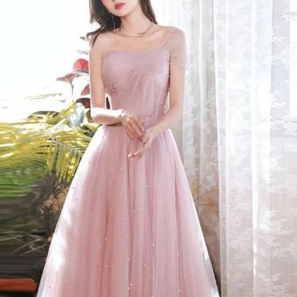 Tea Length Pink A-line Prom Dresses