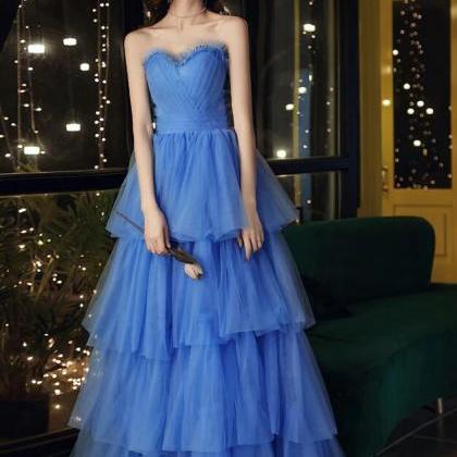 A Line Sweetheart Neck Blue Floor Length Long Formal Prom Dress, Formal Dress main image 1