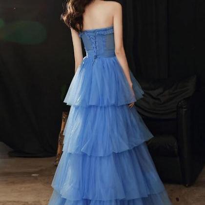 Sweetheart Neck Tulle Blue Prom Dress, Puff Sleeves Long Blue Formal Evening Dress Y6172