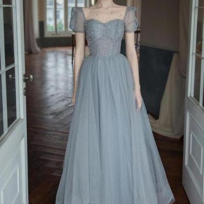 A Line Gray Tulle Beads Long Prom Dresses, Sweet..