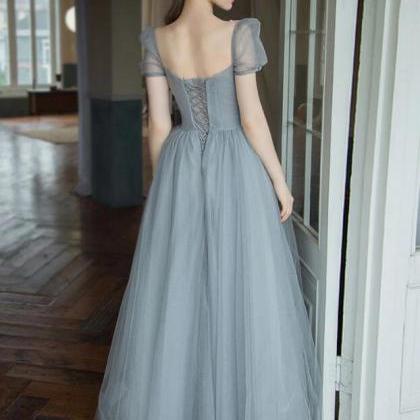 A Line Gray Tulle Beads Long Prom Dresses, Sweet..