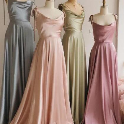 Simple A-line Satin and Lace Floor Length Bridesmaid Dress, Long Evening Dress Prom Dresses