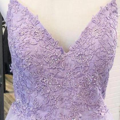 A Line Tulle Prom Dress with Purple V Neck Cap Sleeves and Appliques main image 1