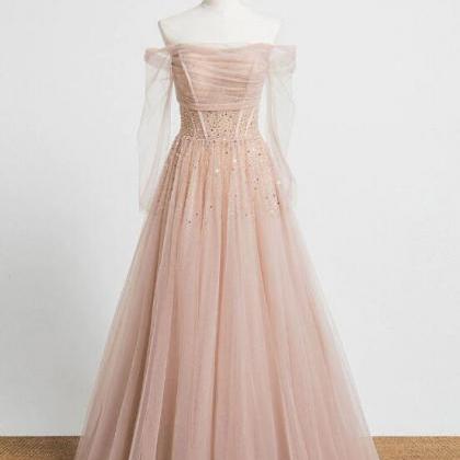 A Line Champagne Tulle Sequin Long Prom Dresses
