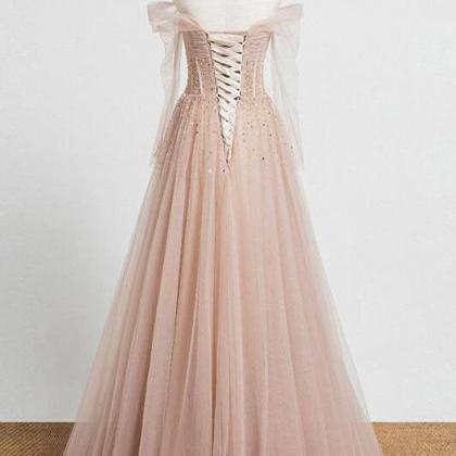 A Line Champagne Tulle Sequin Long Prom Dresses