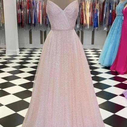 Princess Pink A-line V-neck Ruffled Sequined Tulle Long Prom Dress Evening Dress cc5057
