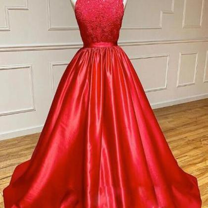 Halter Red A Line Satin Long Prom Dresses